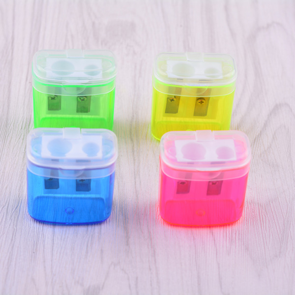 Double hole plastic pencil sharpener with lid square pencil sharpener pencil sharpener transparent printable logo cross-border factory direct sales Image