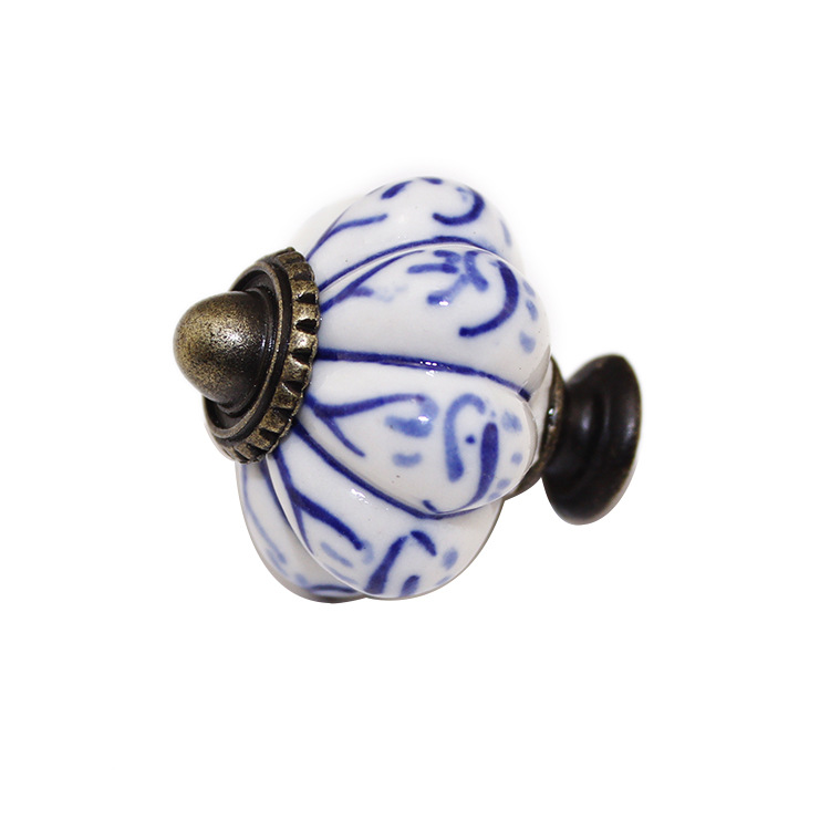 Chinese classical style hand-painted ceramic blue and white porcelain pumpkin handle classical door handle twist drawer cabinet single hole handle