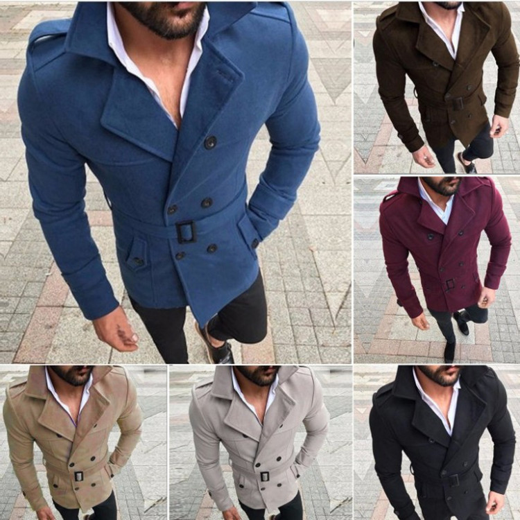 Autumn 2019 Amazon Men's Woolen Coat Lapel Double-breasted Casual Trenchcoat Woolen Coat with Belt