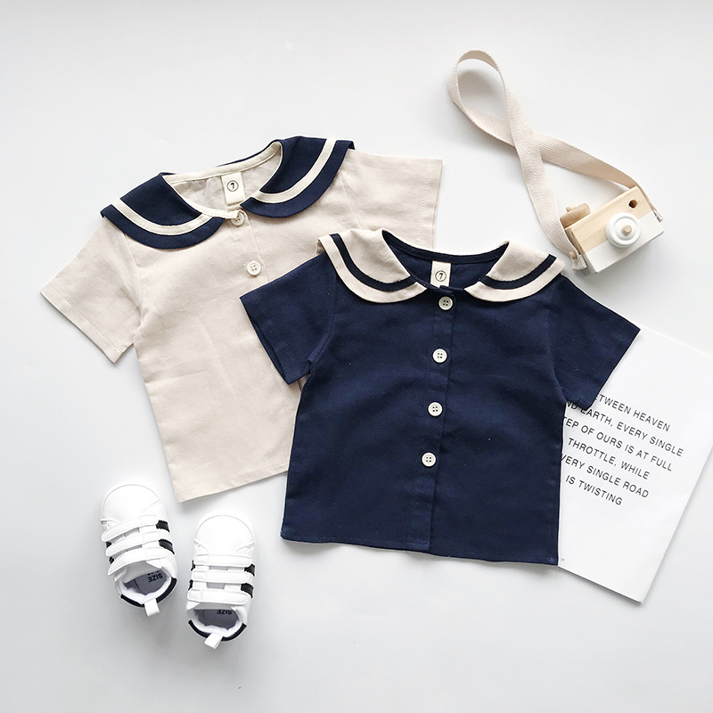 2023 Summer new children's boys and girls Navy style cotton and linen short-sleeved shorts suit sister's clothing foreign trade
