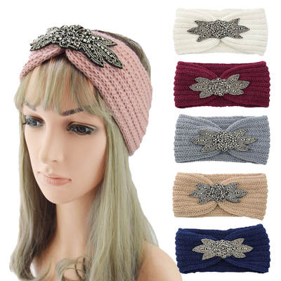 European and American diamond-encrusted six-leaf gemstone knitted wool hair band sports headband handmade headgear woven warm hair accessories