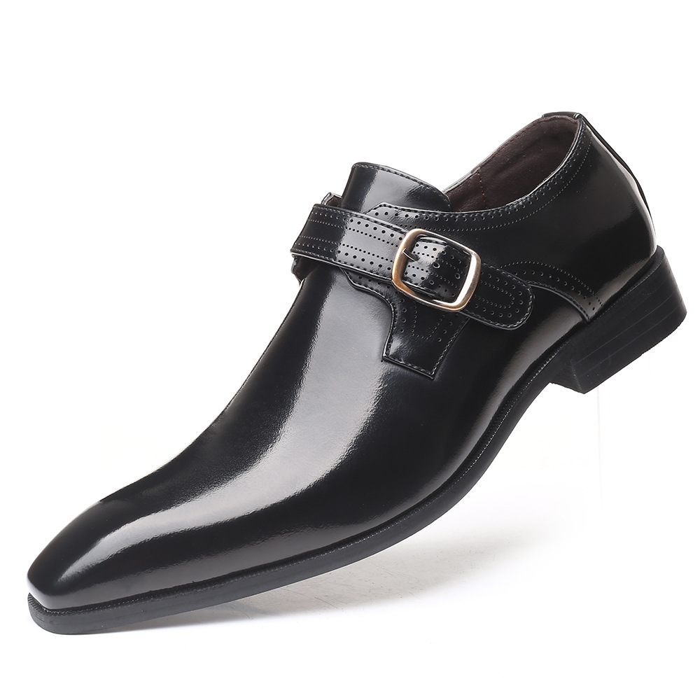 2023 Neue Herrenschuhe aus britischem Leder mit spitzer Spitze und Schnalle, niedrigem Absatz, einlagige Schuhe, große Herrenschuhe mit Überbein, grenzüberschreitender Außenhandel_voghion.com