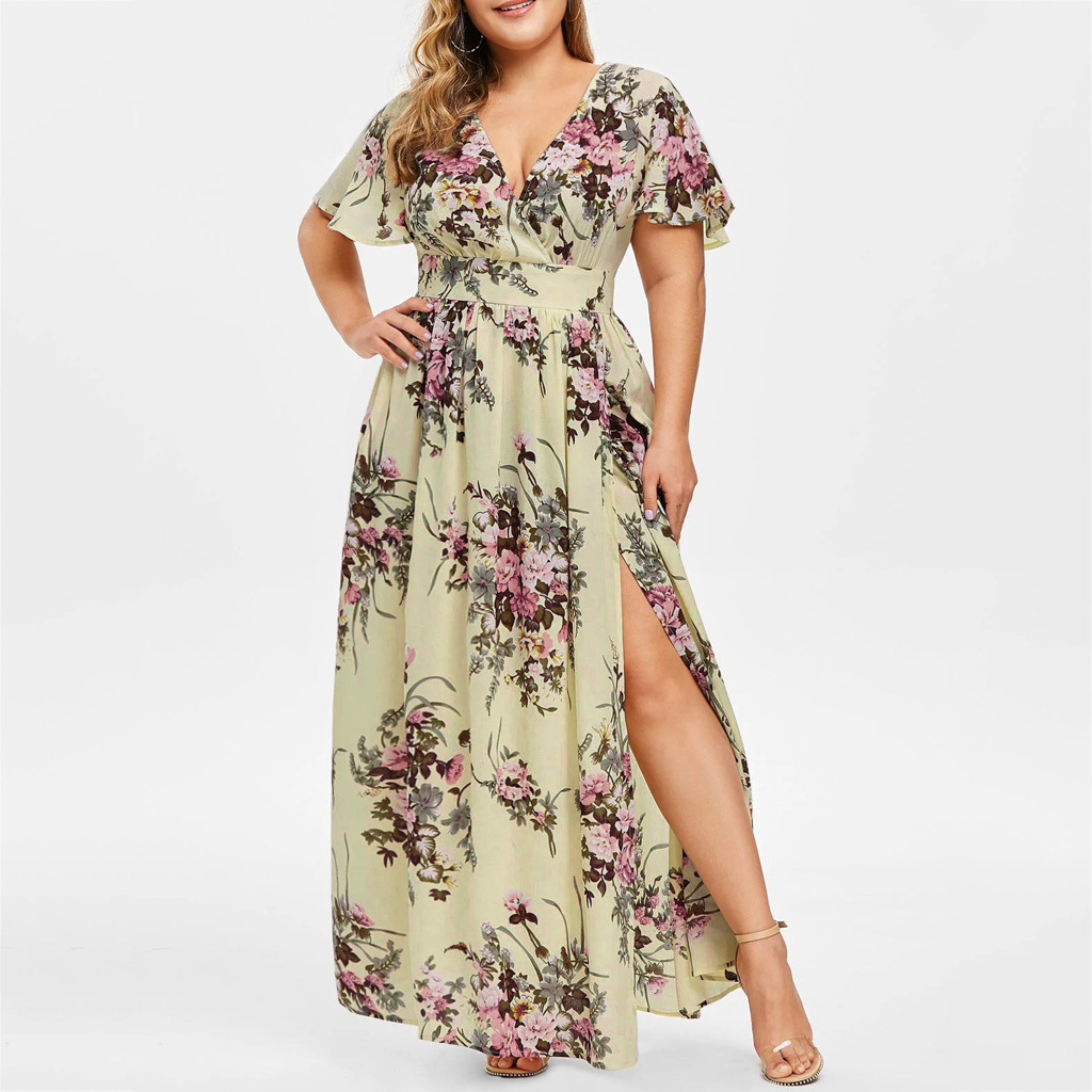 2023 European and American Cross-border Dress Summer New Large Size Women's Clothing Printed Hems Split Printed Dress Factory