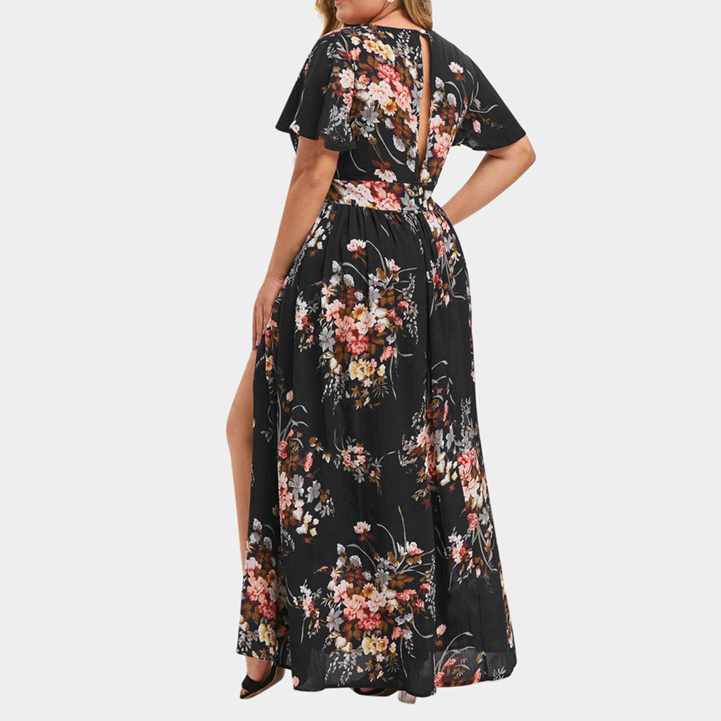 2023 European and American Cross-border Dress Summer New Large Size Women's Clothing Printed Hems Split Printed Dress Factory