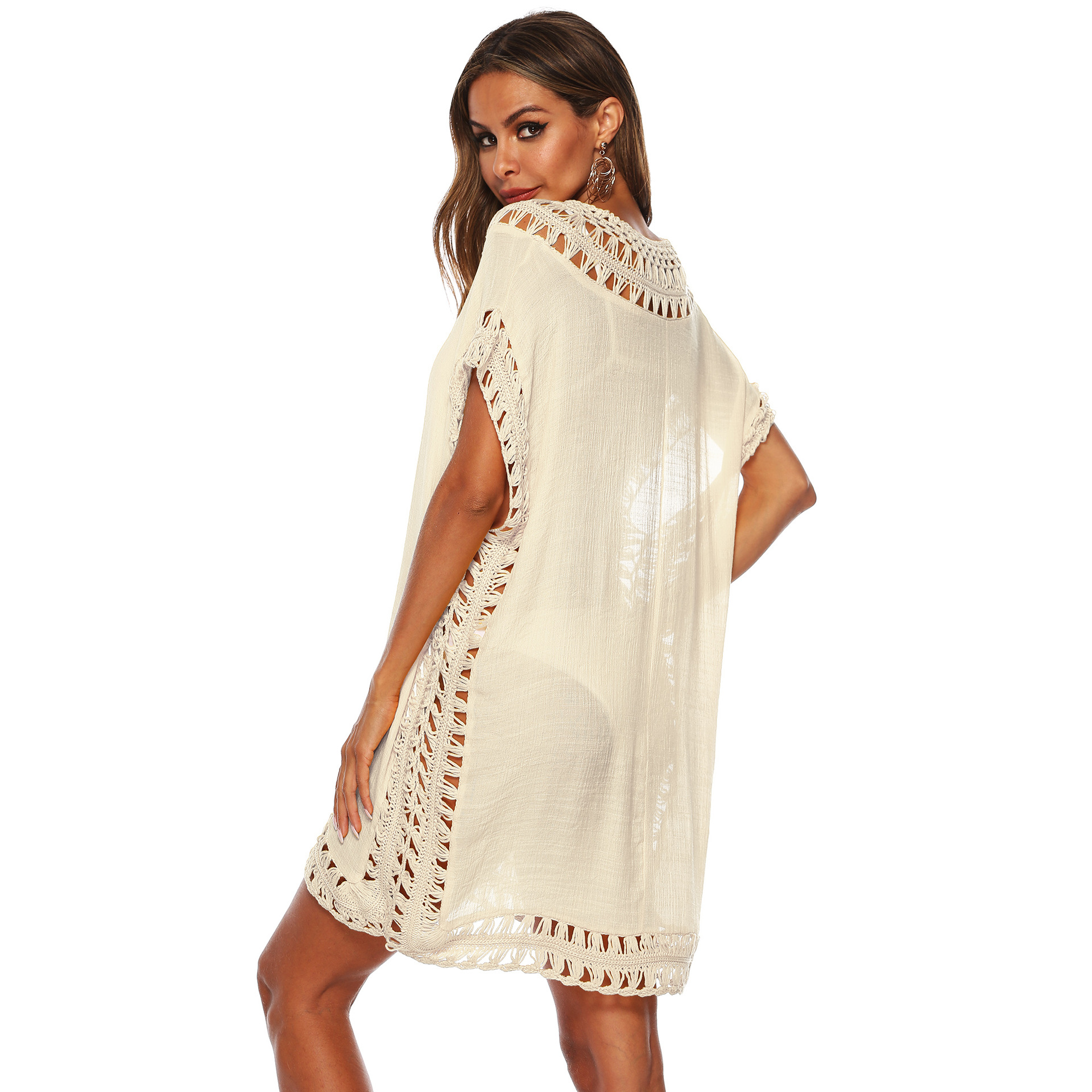 eBay European and American cross-border V-neck hand hook stitching hollow loose beach bikini cover-up dress A1965