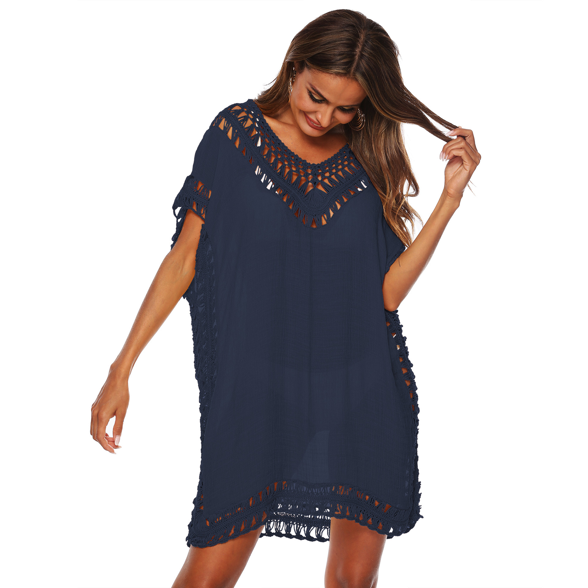 eBay European and American cross-border V-neck hand hook stitching hollow loose beach bikini cover-up dress A1965