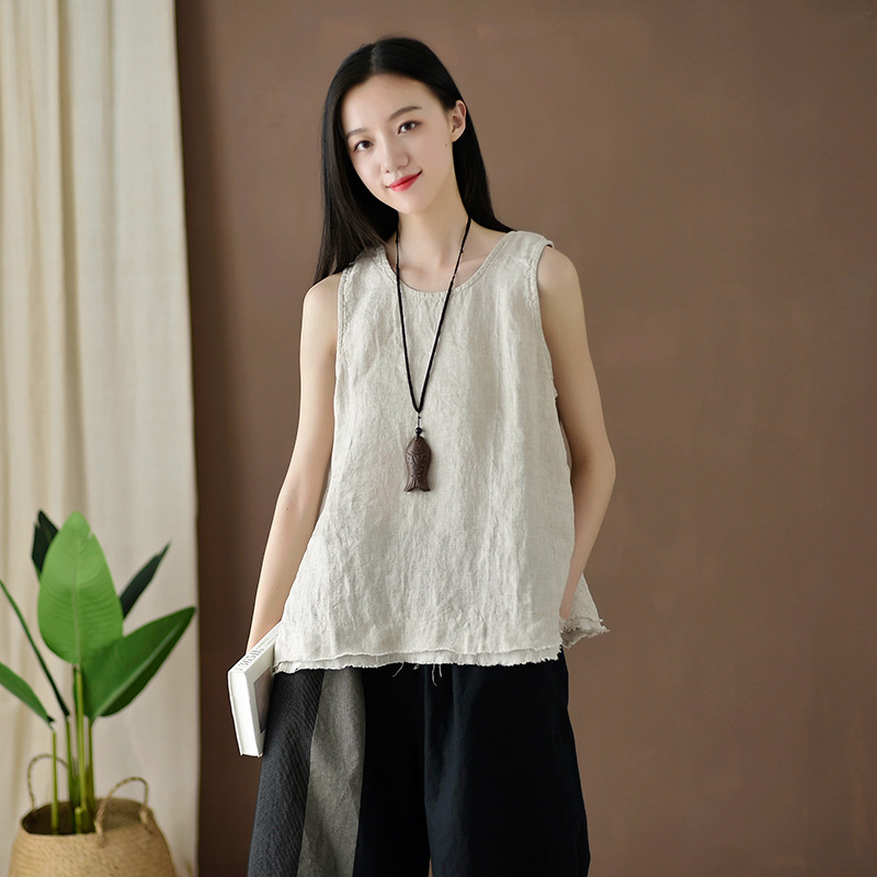 2024 spring and summer new cotton and linen women's clothing artistic retro linen frayed strap top women's bottoming vest