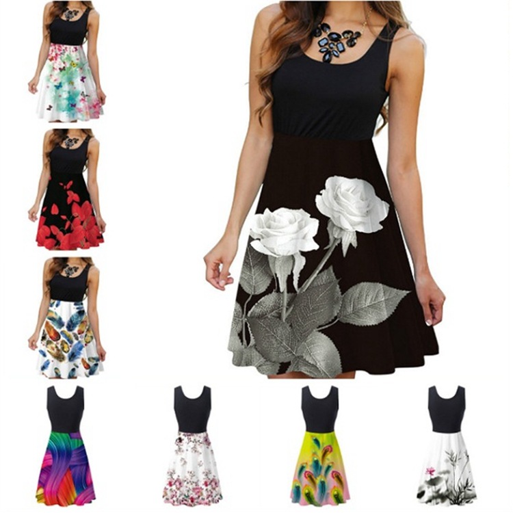 New wish summer sleeveless round neck ladies digital printed dress women