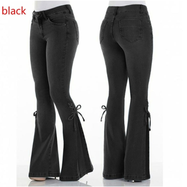 European and American Foreign Trade Cross-border New Solid Color High Waist Lace-up Decorative Flared Pants Stretch Jeans Pants AliExpress