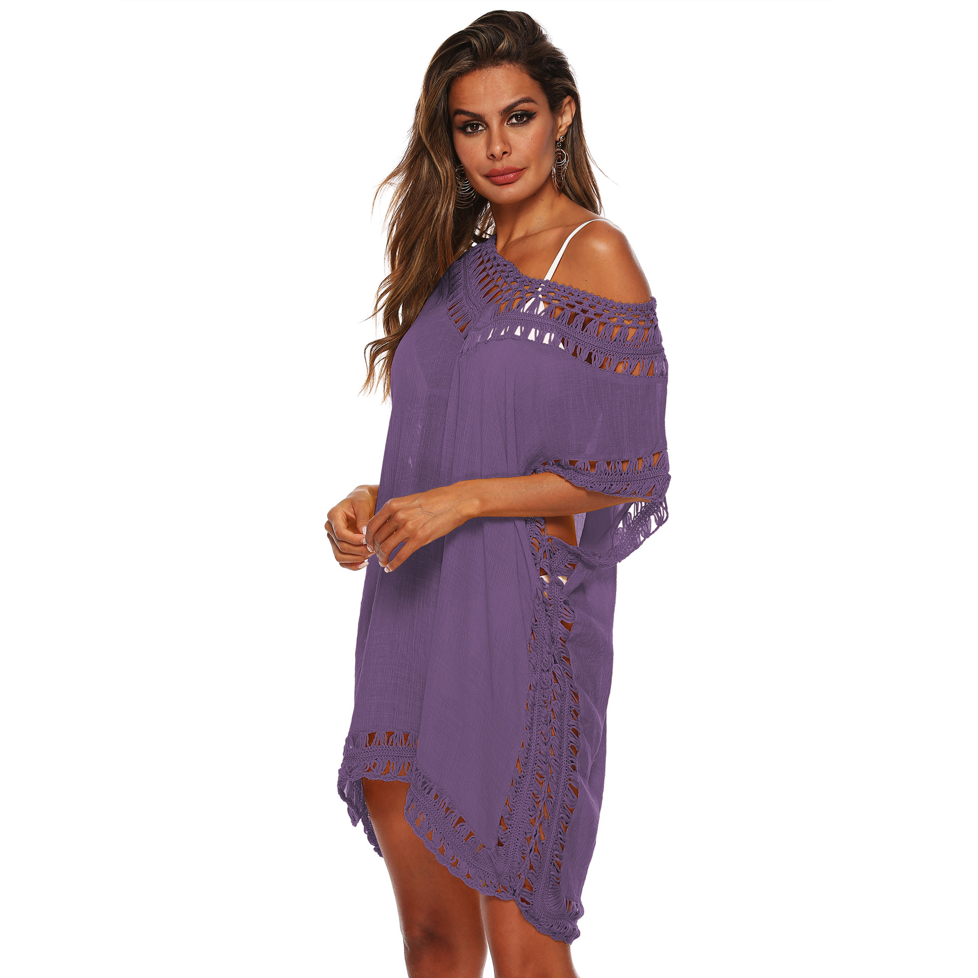 eBay European and American cross-border V-neck hand hook stitching hollow loose beach bikini cover-up dress A1965