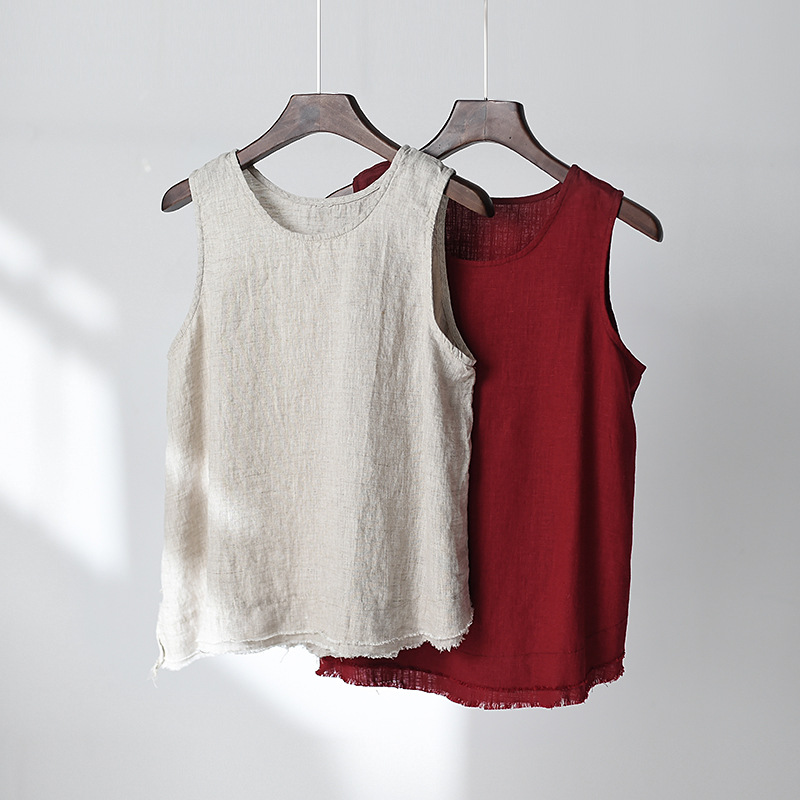 2024 spring and summer new cotton and linen women's clothing artistic retro linen frayed strap top women's bottoming vest