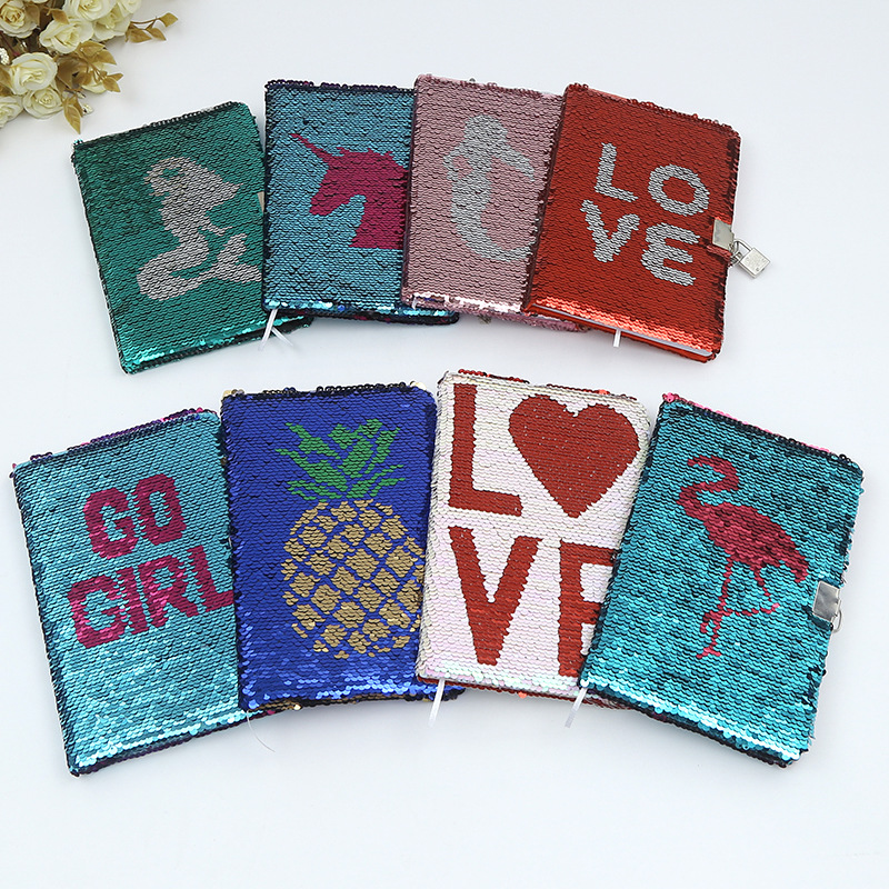 Color Flip Positioning Embroidered Sequins Notebook Football Love Unicorn Mermaid Diary with Lock Notebook