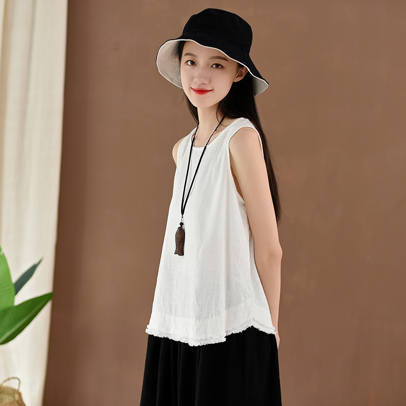 2024 spring and summer new cotton and linen women's clothing artistic retro linen frayed strap top women's bottoming vest