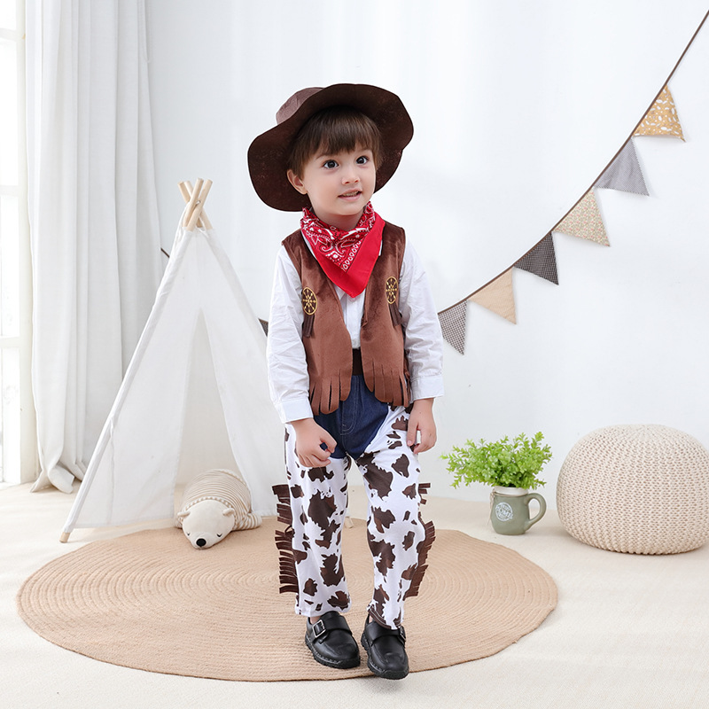 Western cowboy suit children's holiday costume role-playing suit boy's baby costume 4-piece set with hat
