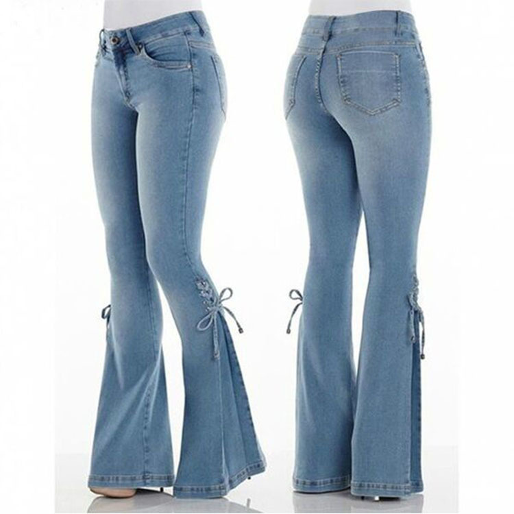 European and American Foreign Trade Cross-border New Solid Color High Waist Lace-up Decorative Flared Pants Stretch Jeans Pants AliExpress