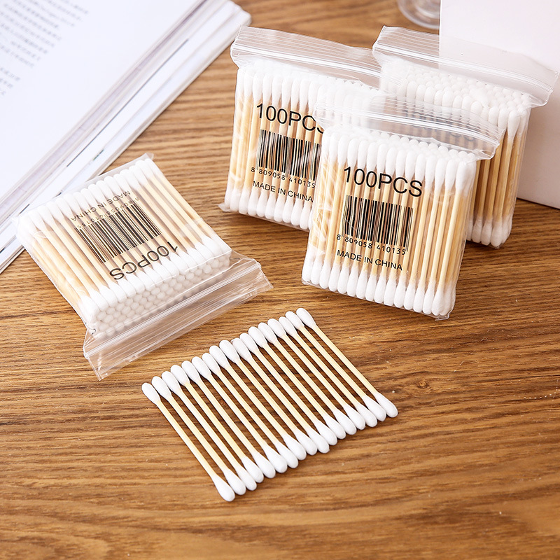 Disposable Double-headed Cotton Swab Wooden Stick Cosmetic Cotton Stick Cotton Ear-pulling Cotton Ball Makeup-removing Cotton Stick Pointed Round Head
