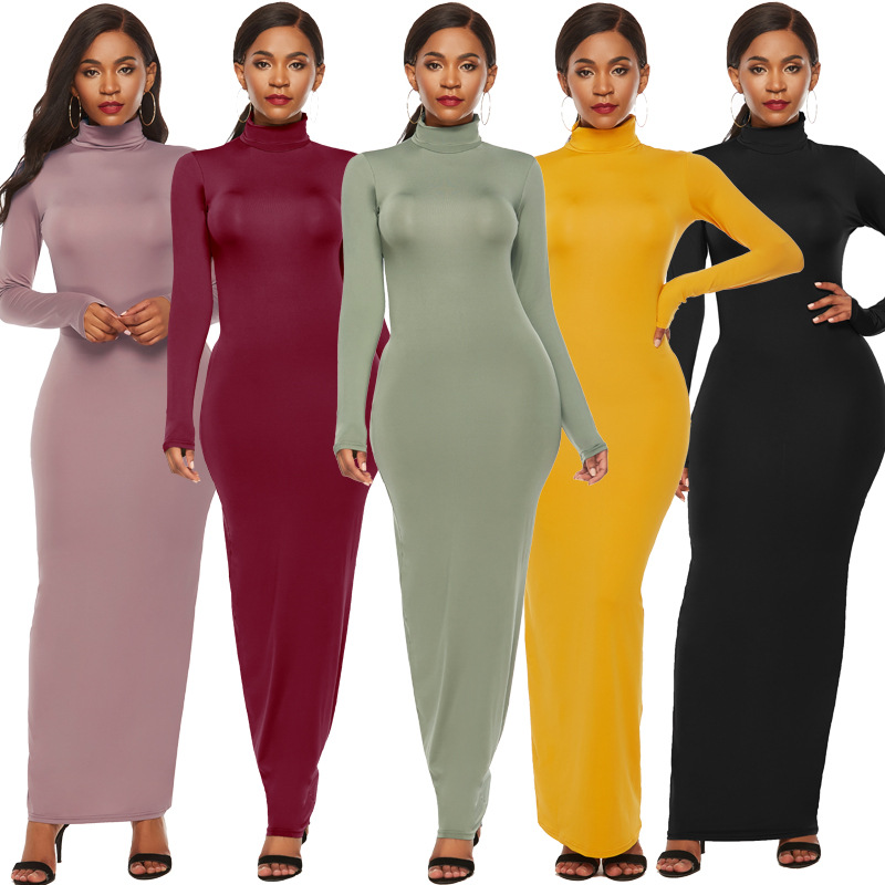 ebay cross-border foreign trade Women's European and American fashion solid color dress long sleeve stretch slim high collar dress