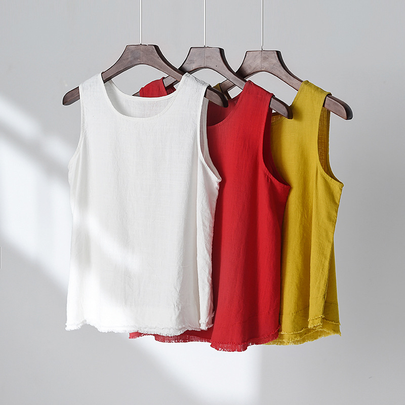 2024 spring and summer new cotton and linen women's clothing artistic retro linen frayed strap top women's bottoming vest