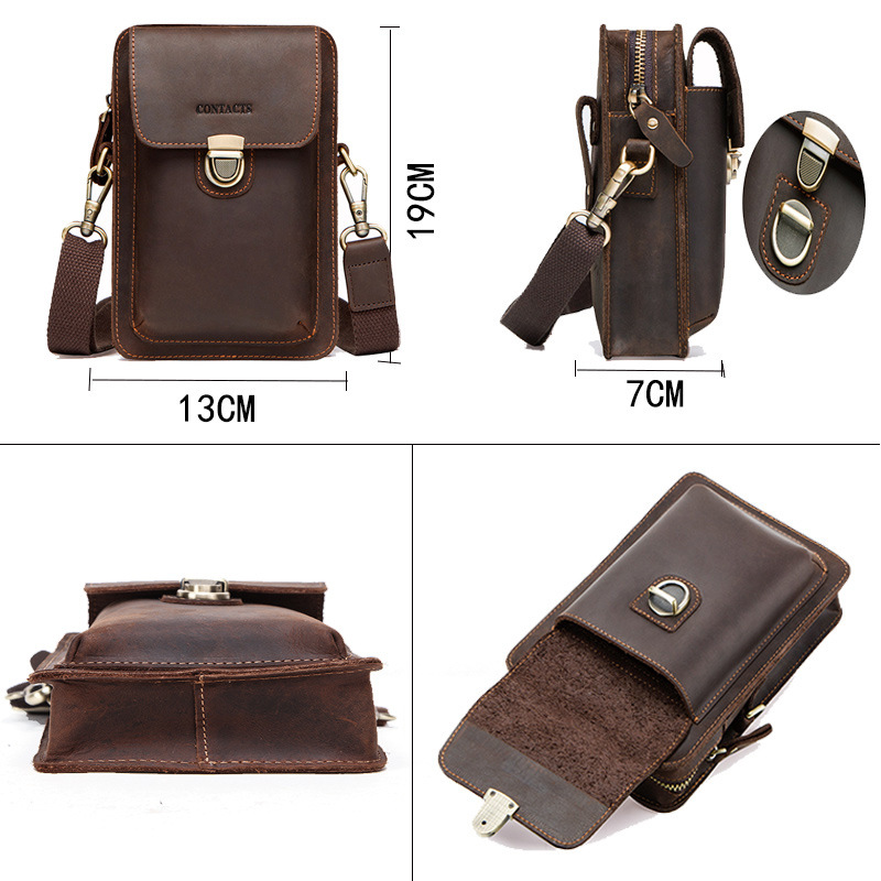 Black Angel foreign trade supply cowhide men's shoulder crossbody bag retro Crazy Horse leather mobile phone waist bag cross-border delivery