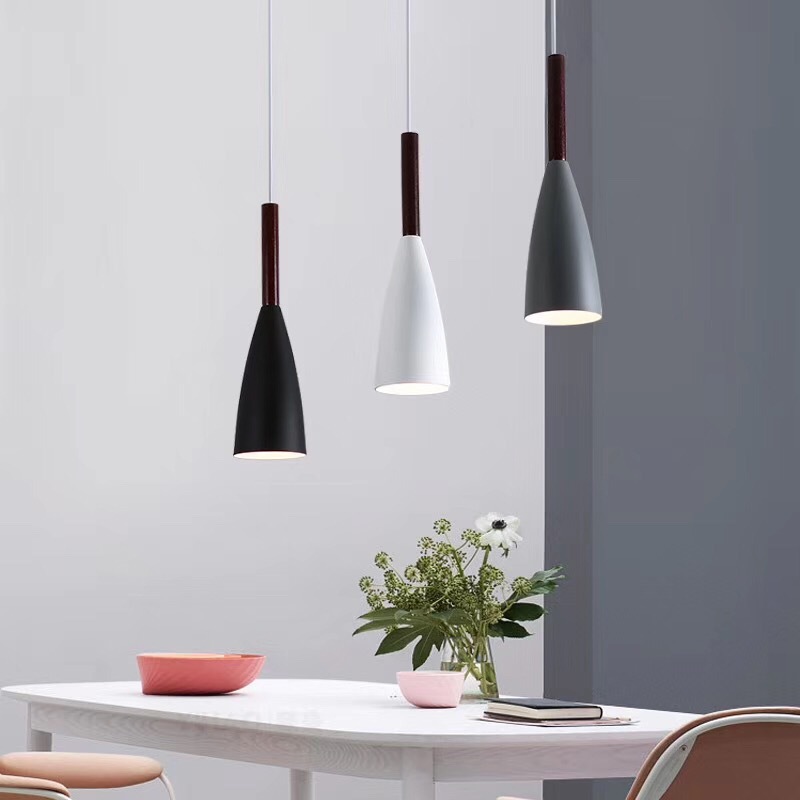 3 LED macaron color chandelier post-modern Nordic style gray white black iron wooden pole E27 restaurant chandelier