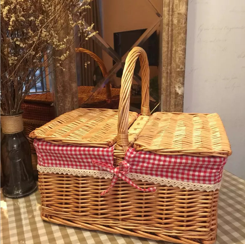 柳編みの竹編みの藤編みの手提げかごの蓋付きの大きいサイズの屋外のピクニックかごの買い物かごの野菜かごの摘み取りかごの収納かご|undefined