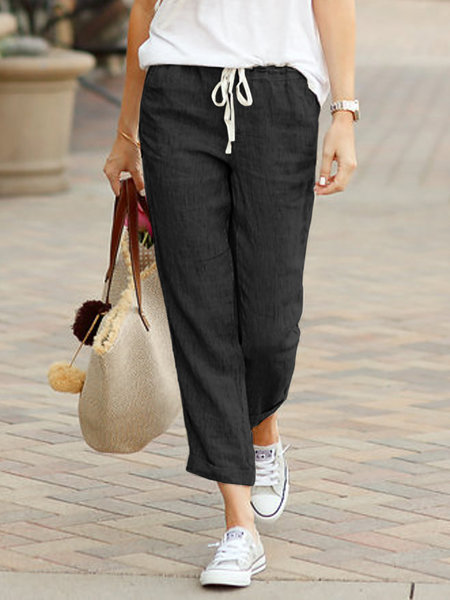 European and American AliExpress 2023 Spring and Autumn new solid color loose casual drawstring elastic waist cotton and linen trousers