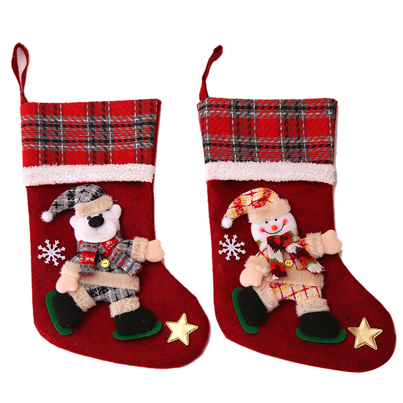 Large plaid Christmas doll socks Christmas decorations children's gift bag candy socks gift bag