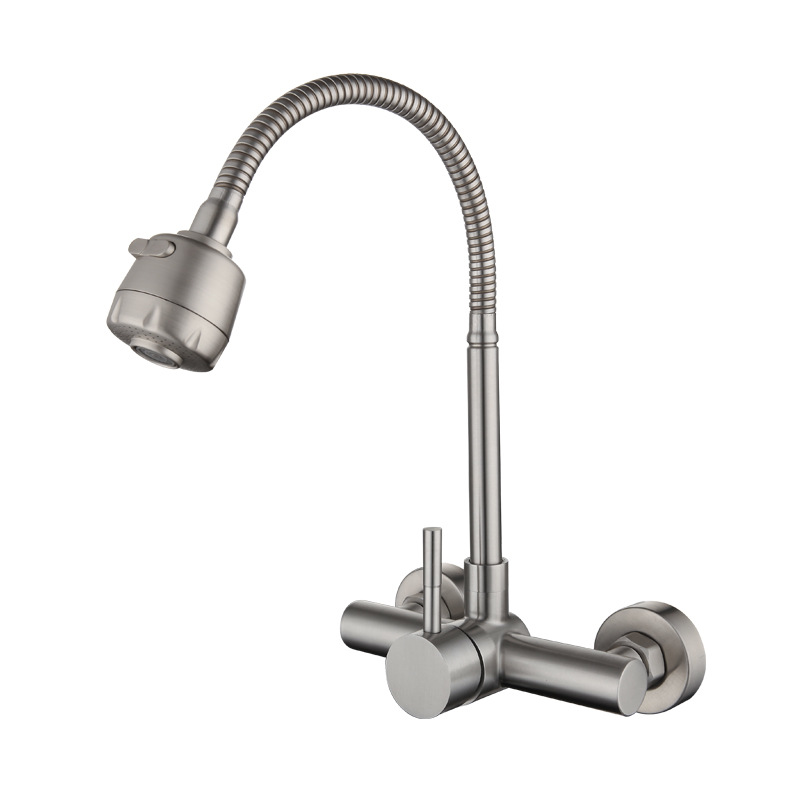 304 stainless steel into the wall hot and cold double hole vegetable basin Universal Tube shower water outlet rotating kitchen faucet