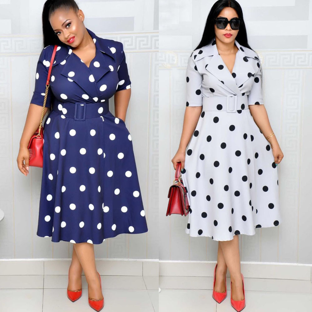 New women's clothing popular African dress suit collar wave point sleeve stitching large size large swing wide belt dress