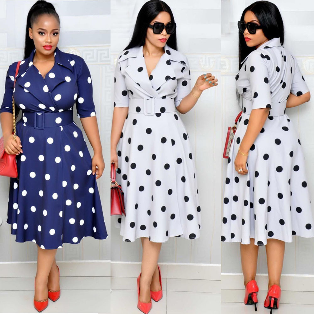 New women's clothing popular African dress suit collar wave point sleeve stitching large size large swing wide belt dress