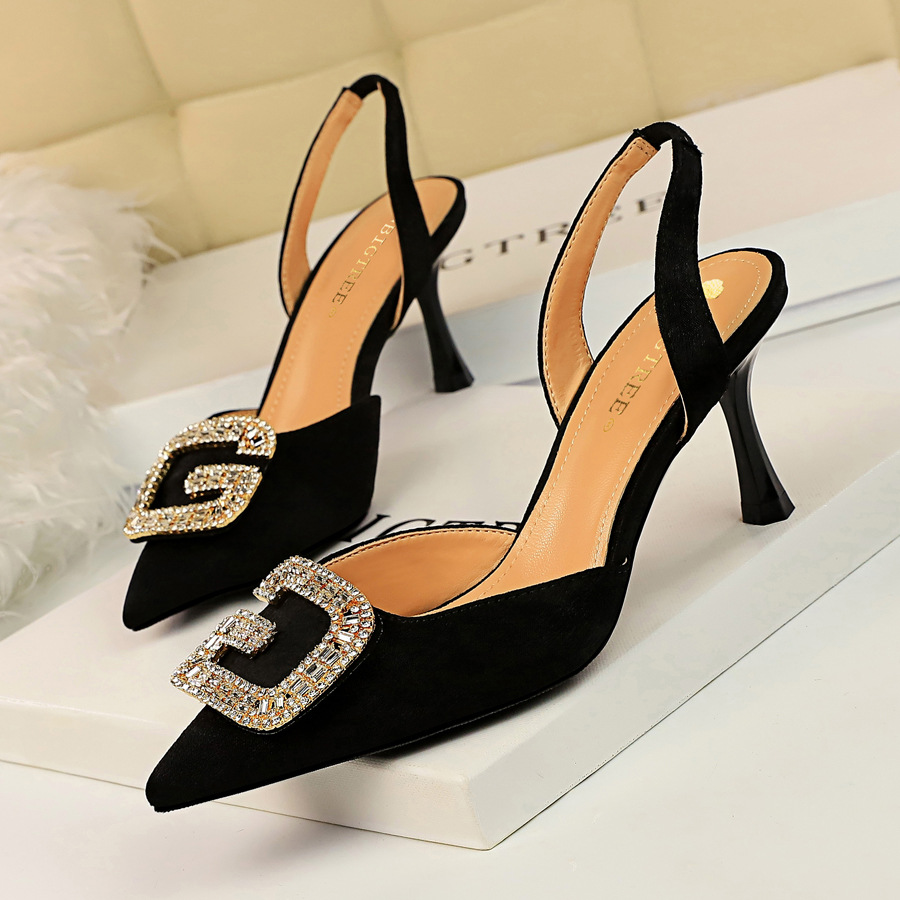 896-2 European and American Style Banquet Women's Shoes High-heeled Shallow-top Pointed Suede Hollow-out Rear Trip Sandals with Metal rhinestone Buckle