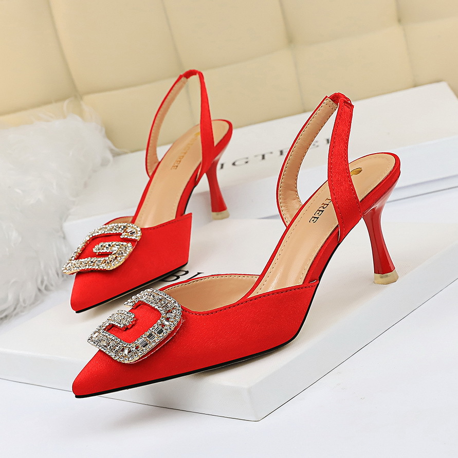 896-2 European and American Style Banquet Women's Shoes High-heeled Shallow-top Pointed Suede Hollow-out Rear Trip Sandals with Metal rhinestone Buckle