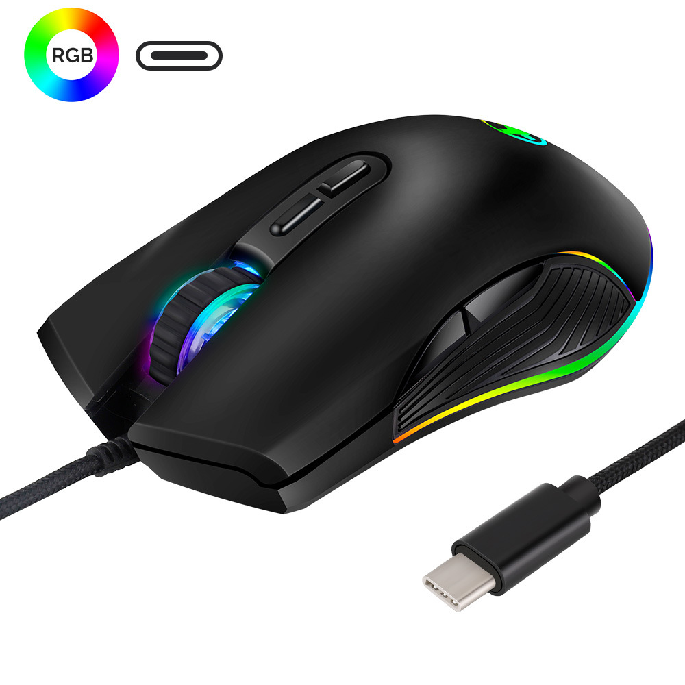 跨境usb-c有線光電鼠標RGB炫彩發光遊戲手遊平板手機辦公家用
