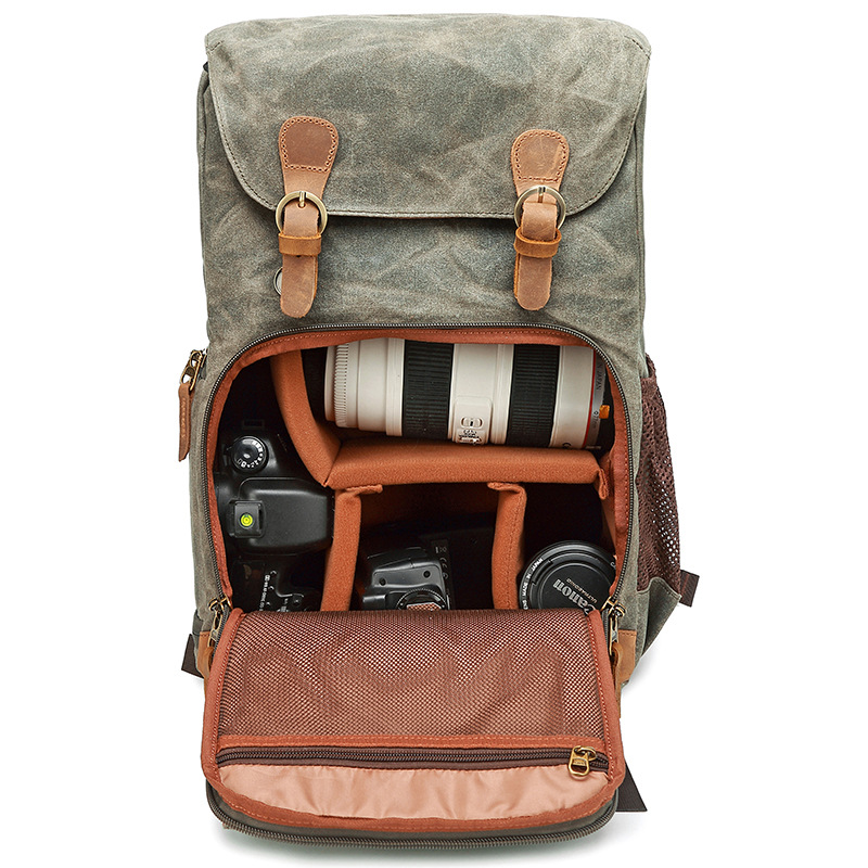 Cross-border Canvas Bag Camera Bag Cowhide Shoulder Photography Bag SLR Casual Bag Canon Nikon Men's and Women's Outdoor Backpacks