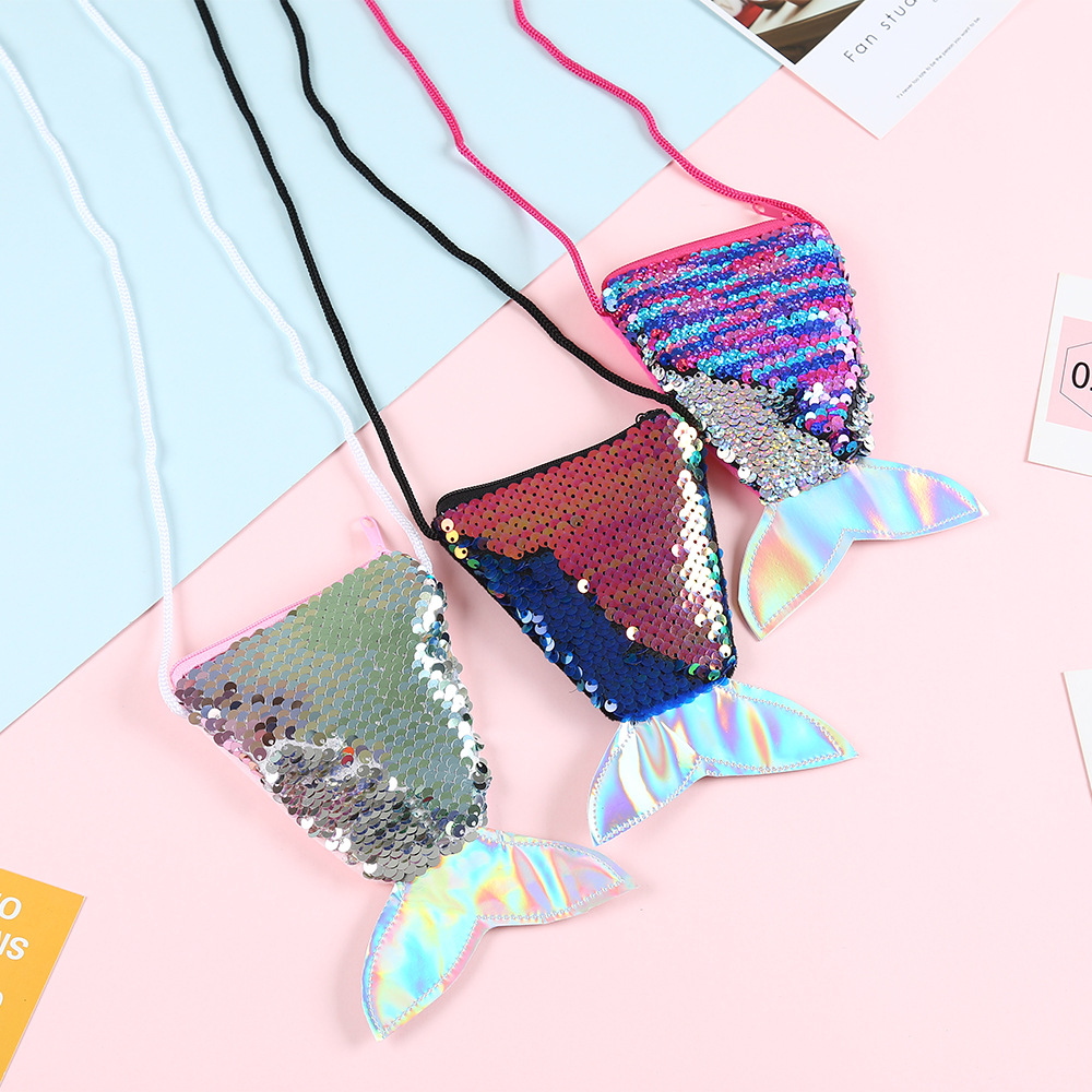 Sequin Coin Purse Lanyard Coin Bag Small Purse Children's Crossbody Small Bag Fish Tail Double Color Sequin Coin Purse Women