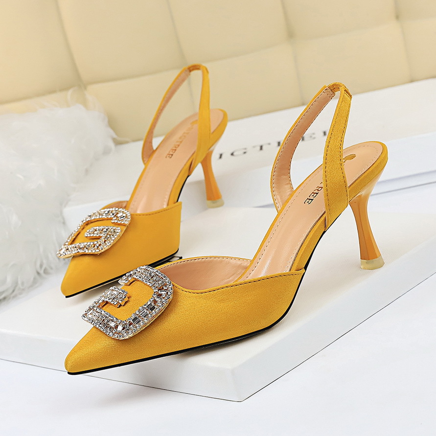 896-2 European and American Style Banquet Women's Shoes High-heeled Shallow-top Pointed Suede Hollow-out Rear Trip Sandals with Metal rhinestone Buckle