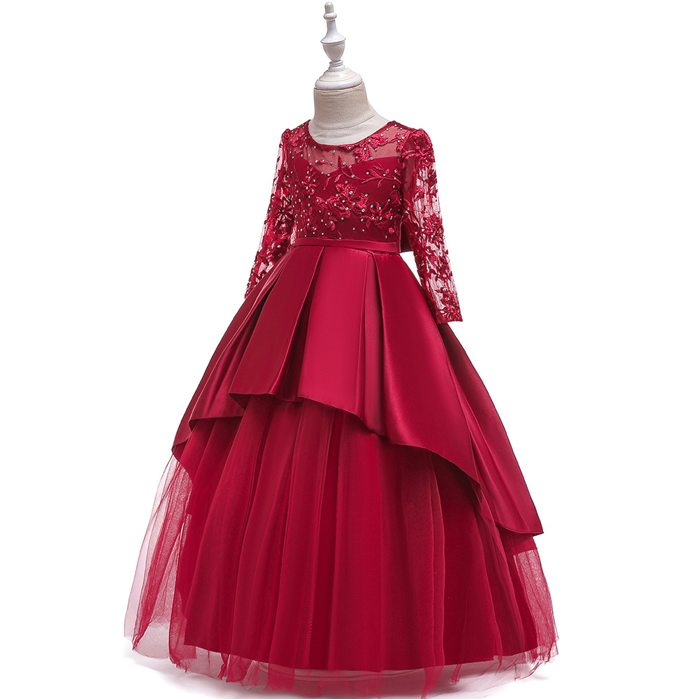 Ins long-sleeve wedding-style bustier dress with floor-length train, children's embroidered long princess dress for girls, pleated and fluffy performance costume