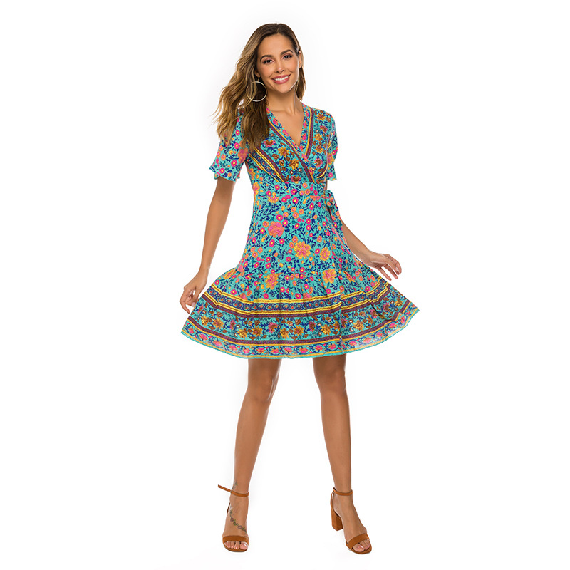 Summer New Women's Clothing Bohemian Beach Vacation Short Sleeve Deep V Large Swing Pleated Printed Dress 369