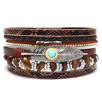 Amazon Explosions Women's Vintage Feather Bracelet Trendy Cool Blue Turquoise Bracelet Gravel Multi-Layer Leather Bracelet