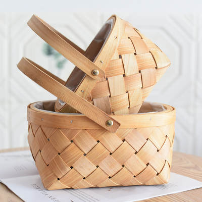 Flower Basket Wood Piece Portable Rattan Bamboo Basket Woven Pastoral Ornaments Flower-arranging Potted Plant Flower-pot Straw Flower-basket Ornament