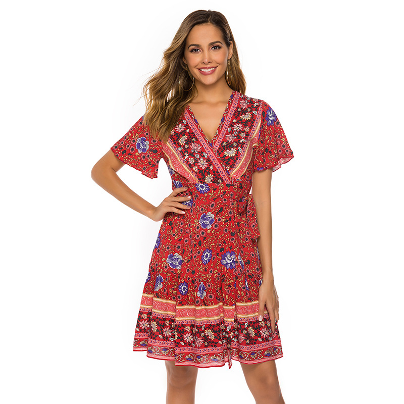 Summer New Women's Clothing Bohemian Beach Vacation Short Sleeve Deep V Large Swing Pleated Printed Dress 369