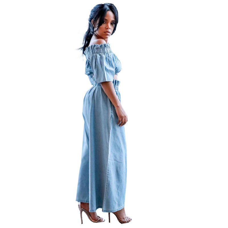 New Shoulder Crop Top European and American Ruffled Short Sleeve Wide Leg Solid Color Denim Suit Women