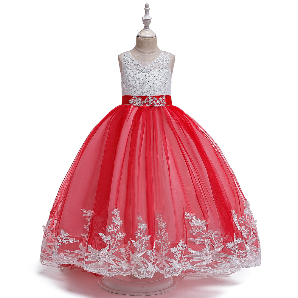 2024 Children's Dress Mesh Princess Wedding Dress Lace Beaded Trailing Dress Girls Evening Dress