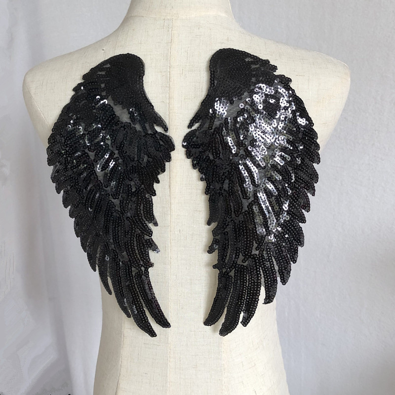 Sequin Angel Wings Embroidered Cloth Patch Applique Adhesive Gold and Silver Black Clothes Decoration Accessories Handmade DIY