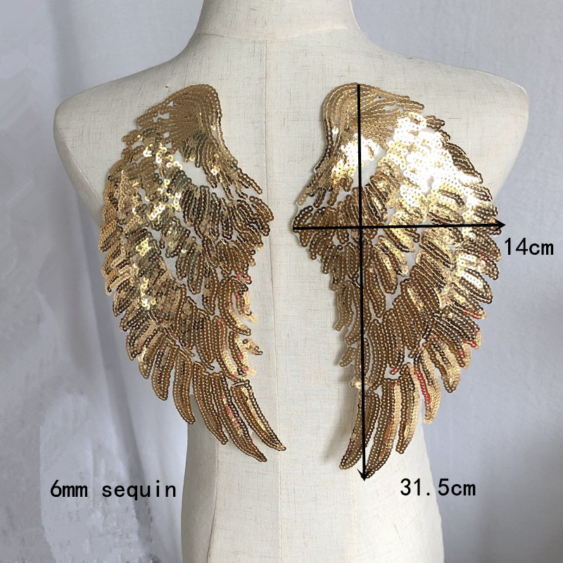 Sequin Angel Wings Embroidered Cloth Patch Applique Adhesive Gold and Silver Black Clothes Decoration Accessories Handmade DIY