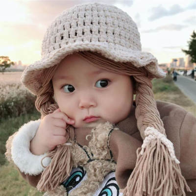 Children's knitted hat Korean autumn and winter New cute wig big braid baby princess hat Factory Direct