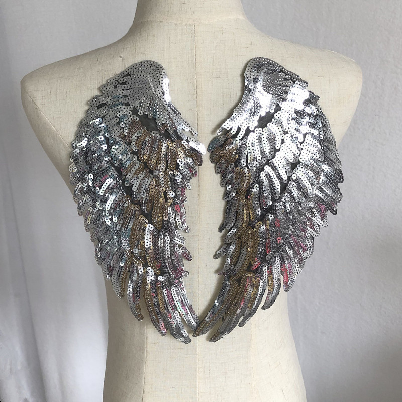 Sequin Angel Wings Embroidered Cloth Patch Applique Adhesive Gold and Silver Black Clothes Decoration Accessories Handmade DIY