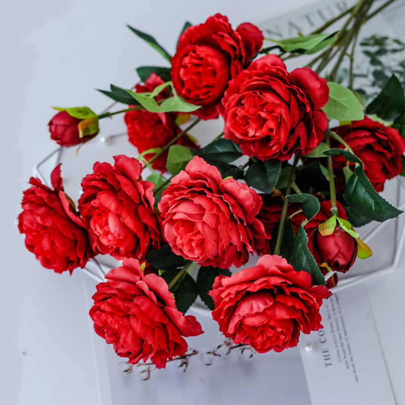 Factory wholesale European-style 3-head foreign peony artificial flower home wedding decoration fake flower 3-head foreign Peony