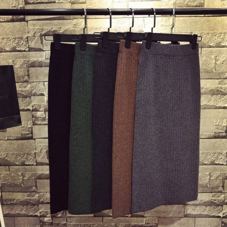 Knitted skirt women's autumn and winter long skirt hip skirt one-step skirt mid-length split wool skirt all-match bag skirt