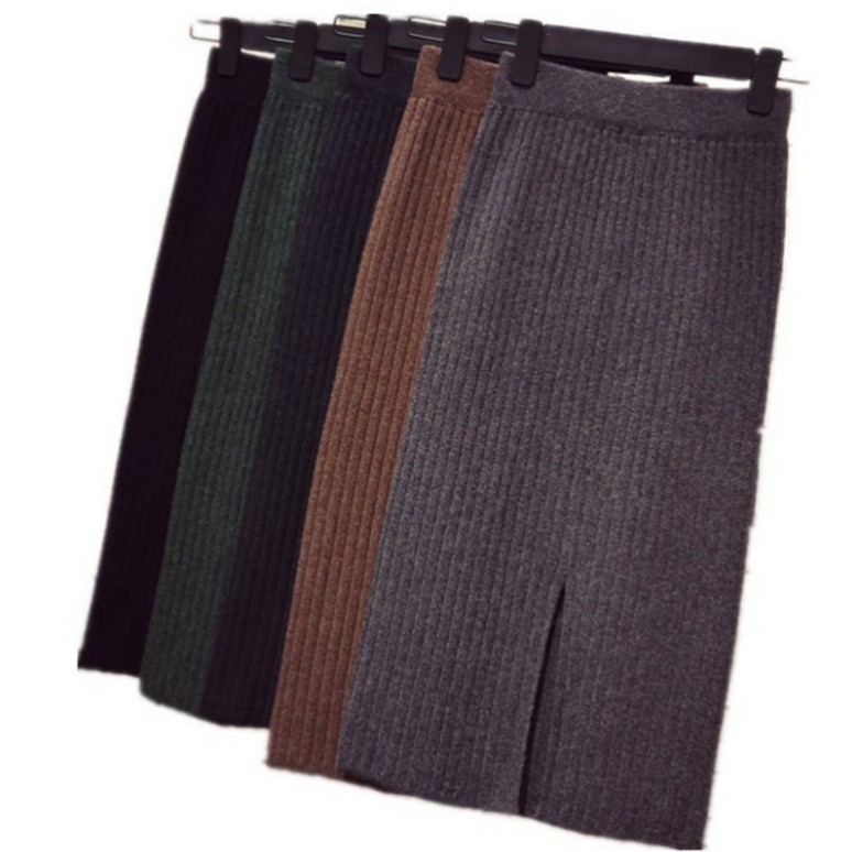 Knitted skirt women's autumn and winter long skirt hip skirt one-step skirt mid-length split wool skirt all-match bag skirt